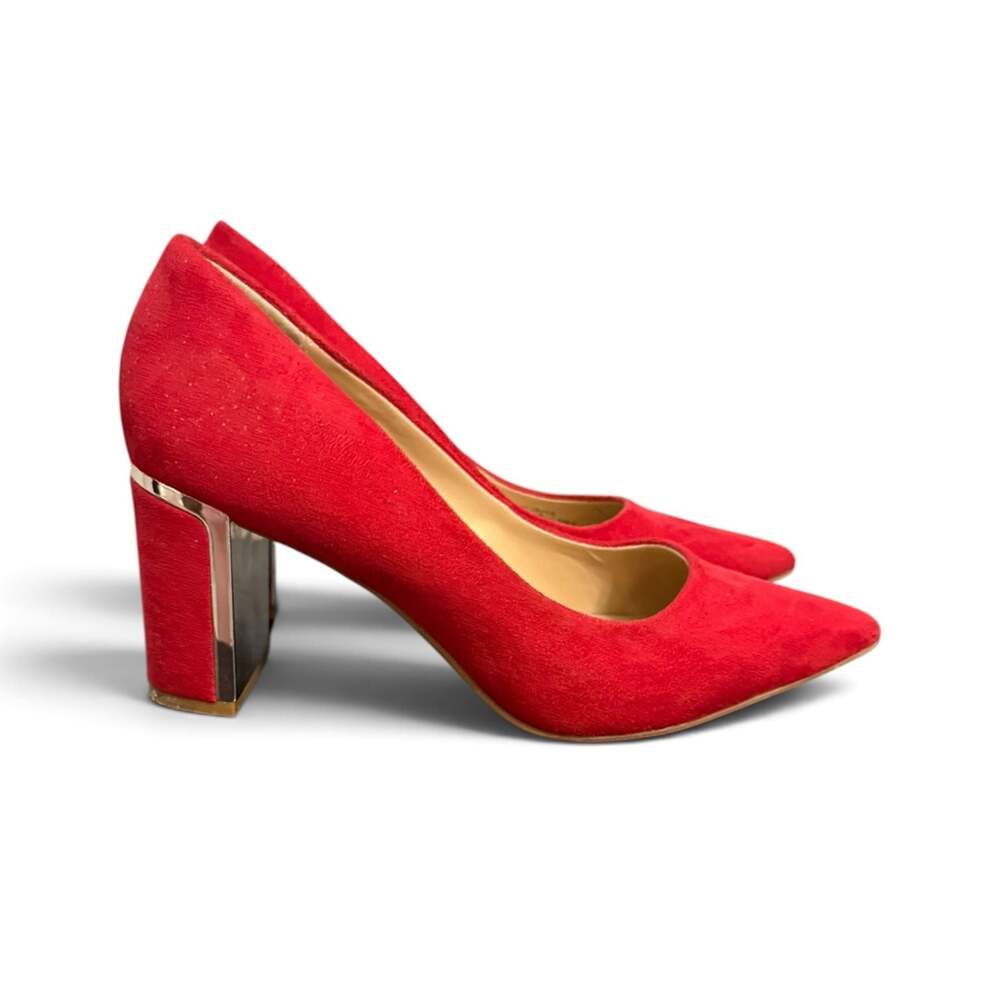 Alfani Step N Flex Red Suede Pointed Toe Pumps with Silver Block Heel